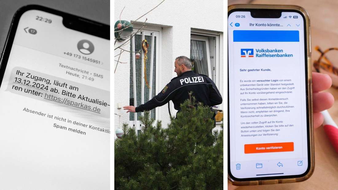 Dreier-Montage: Handy mit SMS, Polizist an der Tür, Handy mit E-Mail.