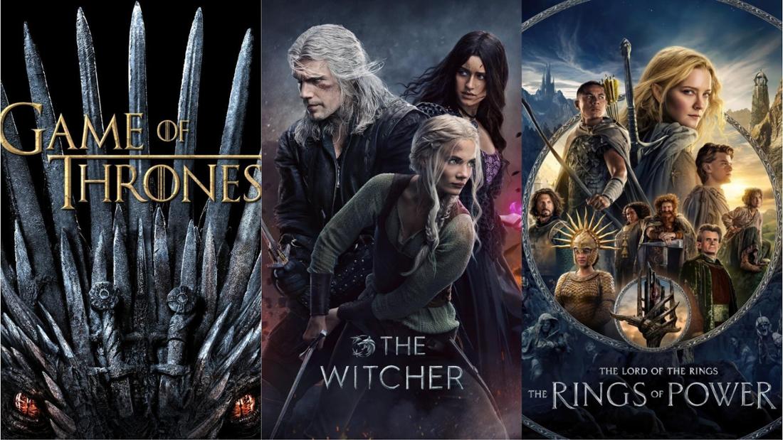 Postermotive zu „Game of Thrones“, „The Witcher“ und „The Lord of the Rings: The Rings of Power“ in einer College