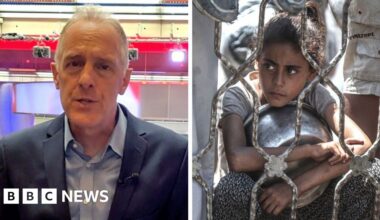 A composite image of Paul Adams speaking in the BBC studio and an image of a young girl in Gaza clutching a food bowl.