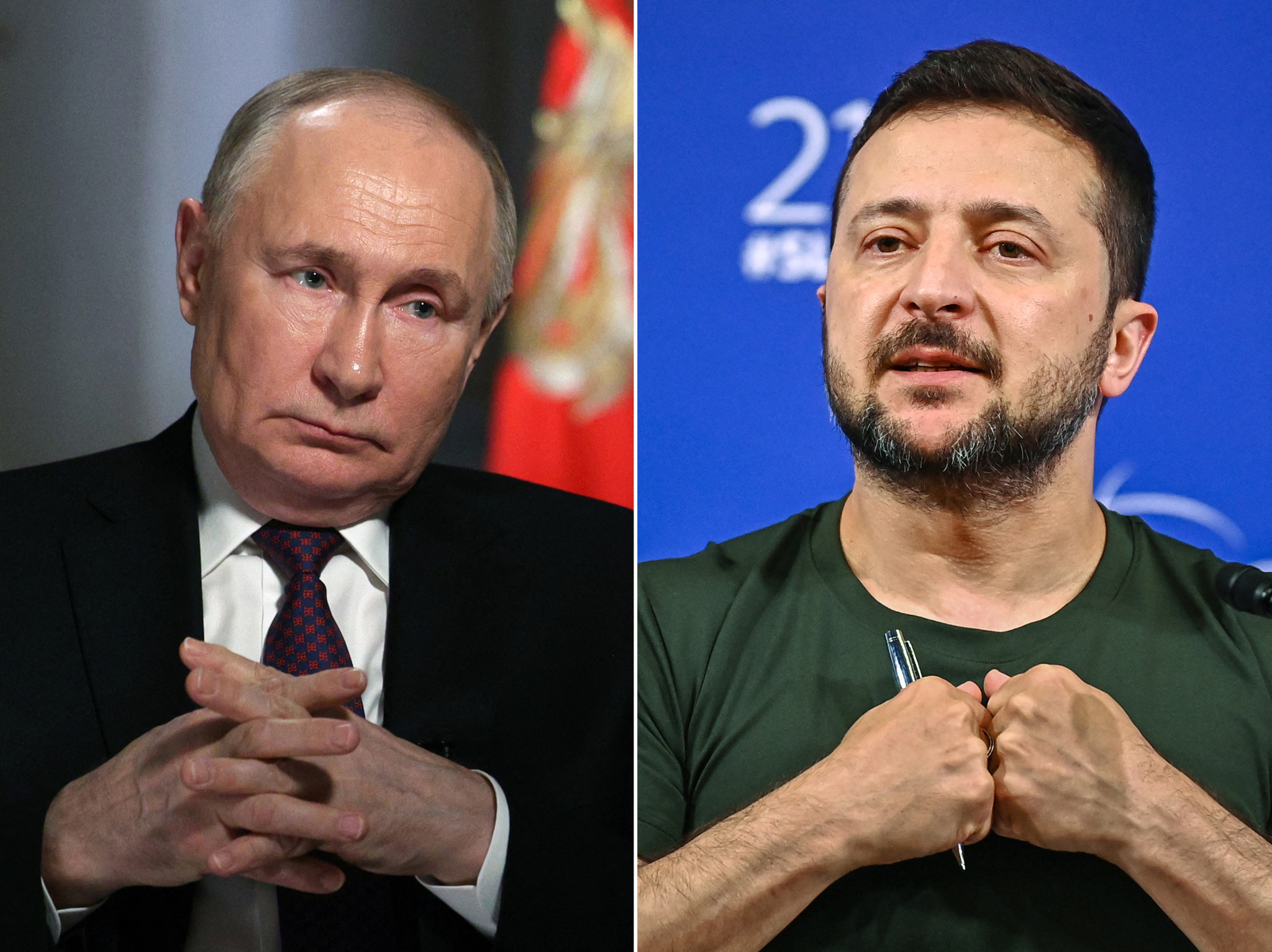 Le président russe Vladimir Poutine lors d’une interview au Kremlin à Moscou et le président ukrainien Volodymyr Zelensky au sommet Shangri-La à Singapour. Le président russe Vladimir Poutine lors d’une interview au Kremlin à Moscou et le président ukrainien Volodymyr Zelensky au sommet Shangri-La à Singapour.