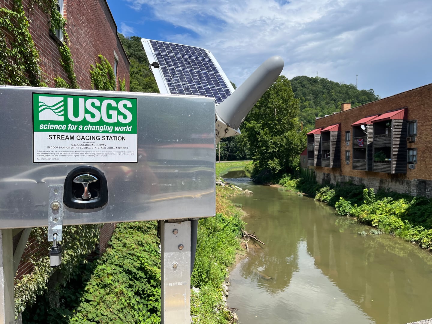 A flood gauge installed by the U.S. Geological Survey on a bridge over the North Fork of the Kentucky River in Whitesburg, Ky., which was severely flooded in 2022. 