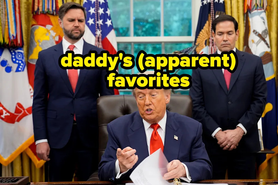 Three suited men stand in the Oval Office; one is seated at a desk, holding papers. Flags and presidential seals are visible in the background