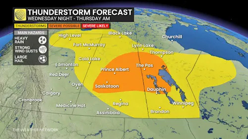 Prairies storm risk Wednesday overnight to Thursday