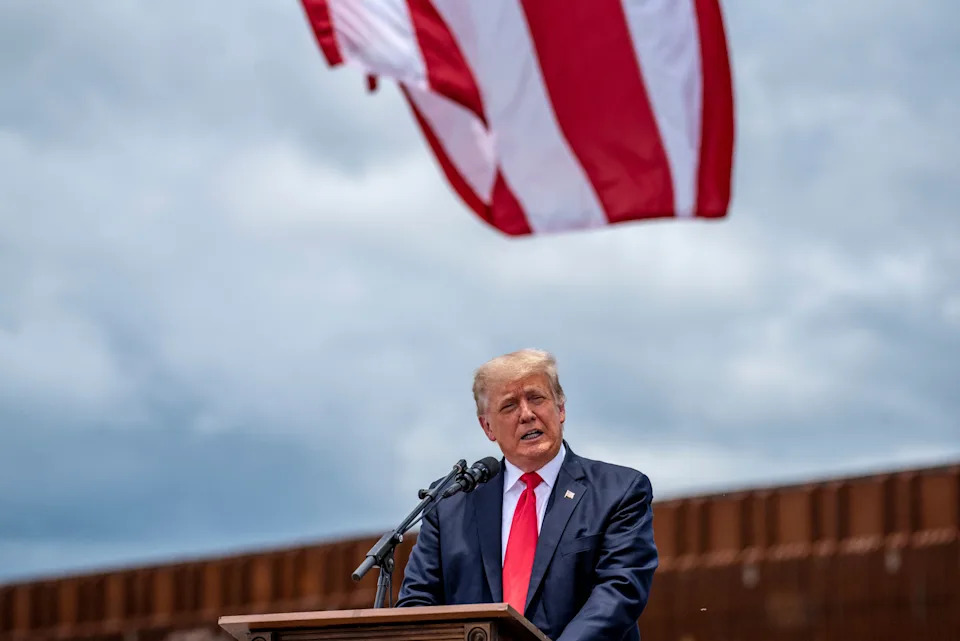 Former US President Donald Trump speaks during a visit to the border wall near Pharr, Texas on June 30, 2021. - Former President Donald Trump visited the area with Texas Governor Greg Abbott to address the surge of unauthorized border crossings that they blame on the Biden administration's change in policies. (Photo by Sergio FLORES / AFP) (Photo by SERGIO FLORES/AFP via Getty Images)