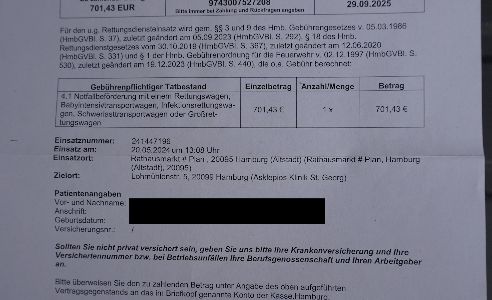 Received bill from Hamburg Feuerwehr over a year after ambulance ride despite providing GHIC at the time