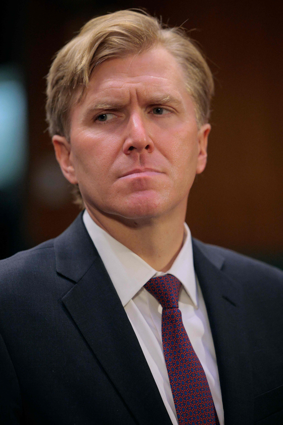 Elbridge Colby, U.S. under secretary of defense for policy, prepares for his confirmation hearing before the Senate Armed Services Committee in the Dirksen Senate Office Building on Capitol Hill in Washington on March 4. [GETTY/YONHAP]