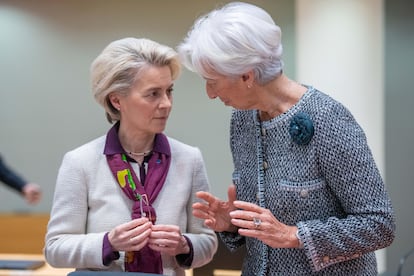 President of the European Council Ursula Von Der Leyen and President of the European Central Bank Christine Lagarde before the start of the round table meeting on the second day of the annual spring summit of the European Council