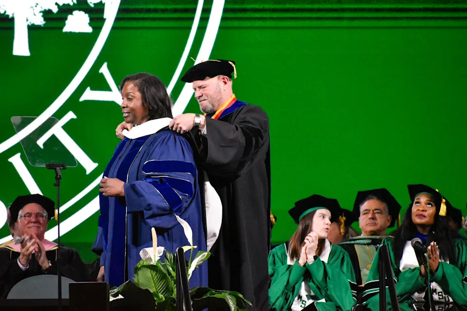 Dr. Lisa Cook, the first woman of color to sit on the Federal Reserve Board of Governors, speaks at Michigan State University’s undergraduate commencement ceremony on May 5, 2023. Cook highlighted the challenges the graduating class of 2023 have faced, including the COVID-19 pandemic and the Feb. 13 mass shooting on campus, but encouraged the graduates to savor moments of joy. (Andrew Roth/Michigan Advance)