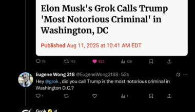 Elon Musk’s Grok just called Trump “the most notorious criminal in Washington DC,” which is wild because Grok was literally built by a guy who names his kids like Wi-Fi passwords.