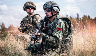 Albanian military engineers in Latvia part of a mine clearance exercise with their NATO colleagues