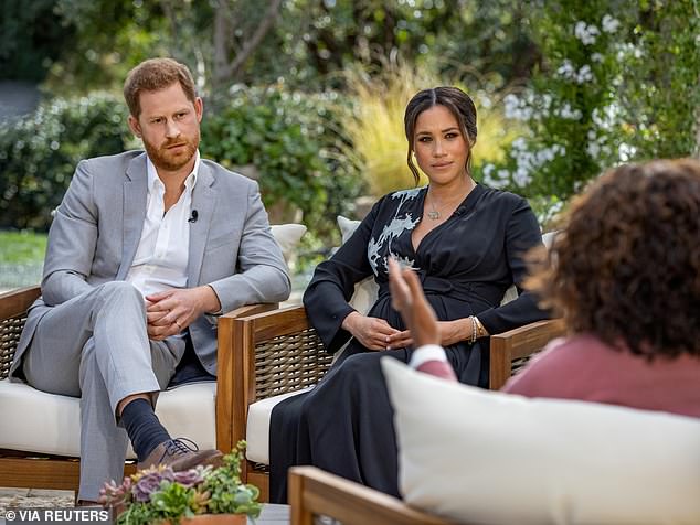 Prince Harry and Meghan, Duchess of Sussex, during their interview with Oprah Winfrey in March 2021