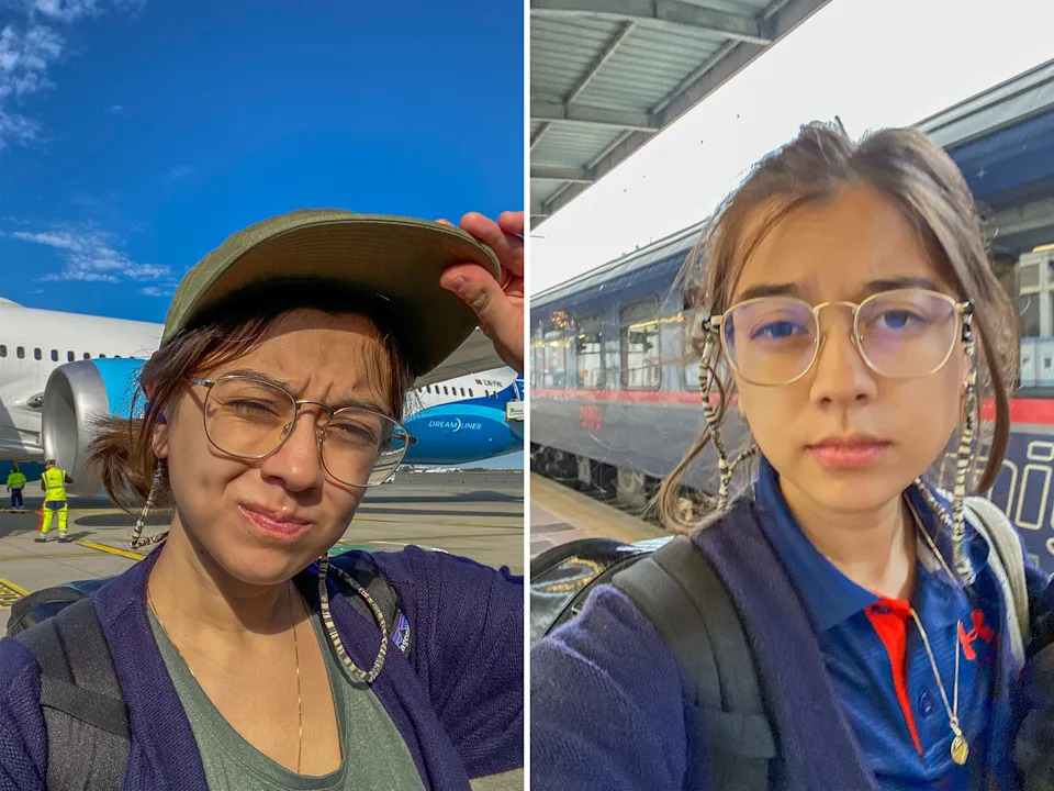 A composite image of the author taking a selfie in front of a plane and a train