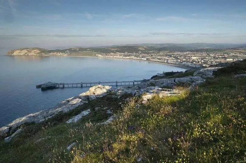 Llandudno and Llandudno Pier from The Great Orme in summer, Llandudno, Conwy County Borough, North Wales, UK