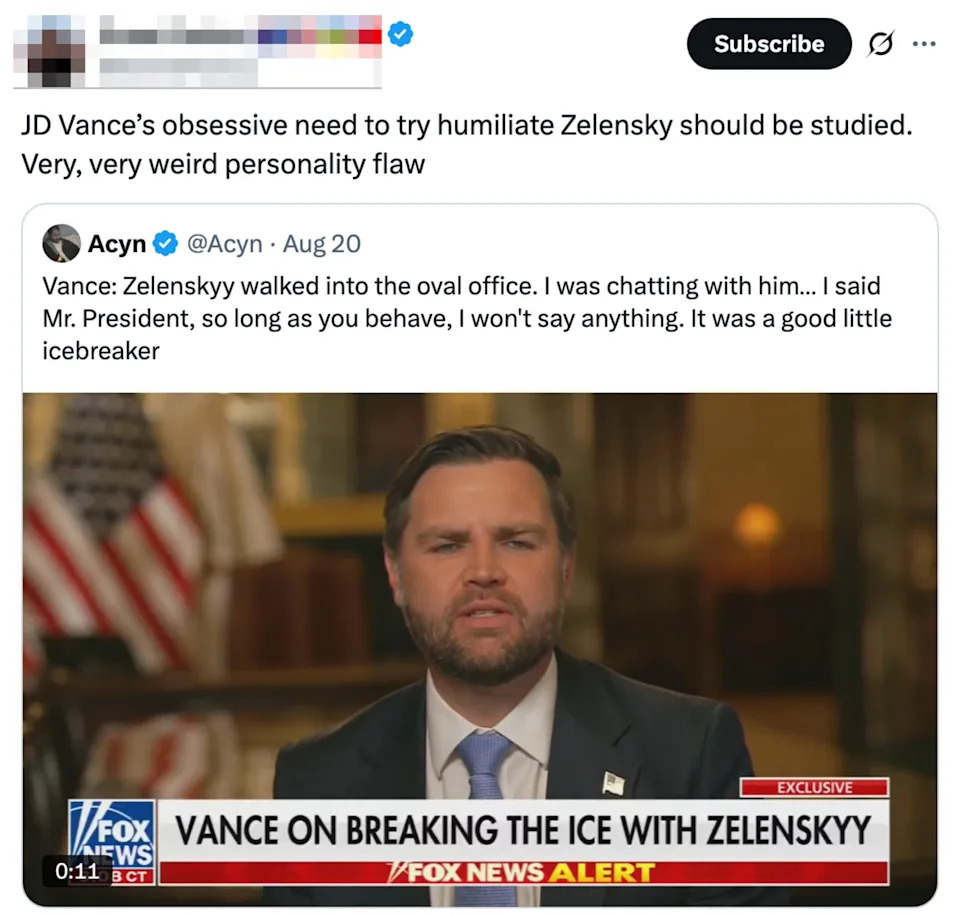 Screenshot of a tweet criticizing JD Vance's comments about Zelenskyy, with an accompanying image of Vance speaking on Fox News