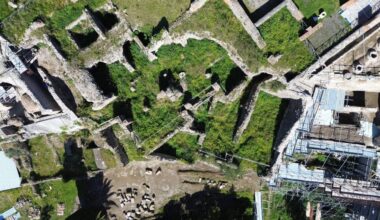 Aerial view of archaeological excavations in in Pompeii's Insula Meridionalis quarter.