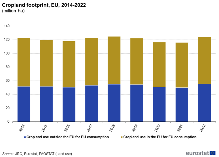 A vertical stacked bar chart showing cropland footprint in the EU between 2014 and 2022, in million hectares. The bars represent cropland use outside the EU for EU consumption and cropland use in the EU for EU consumption.