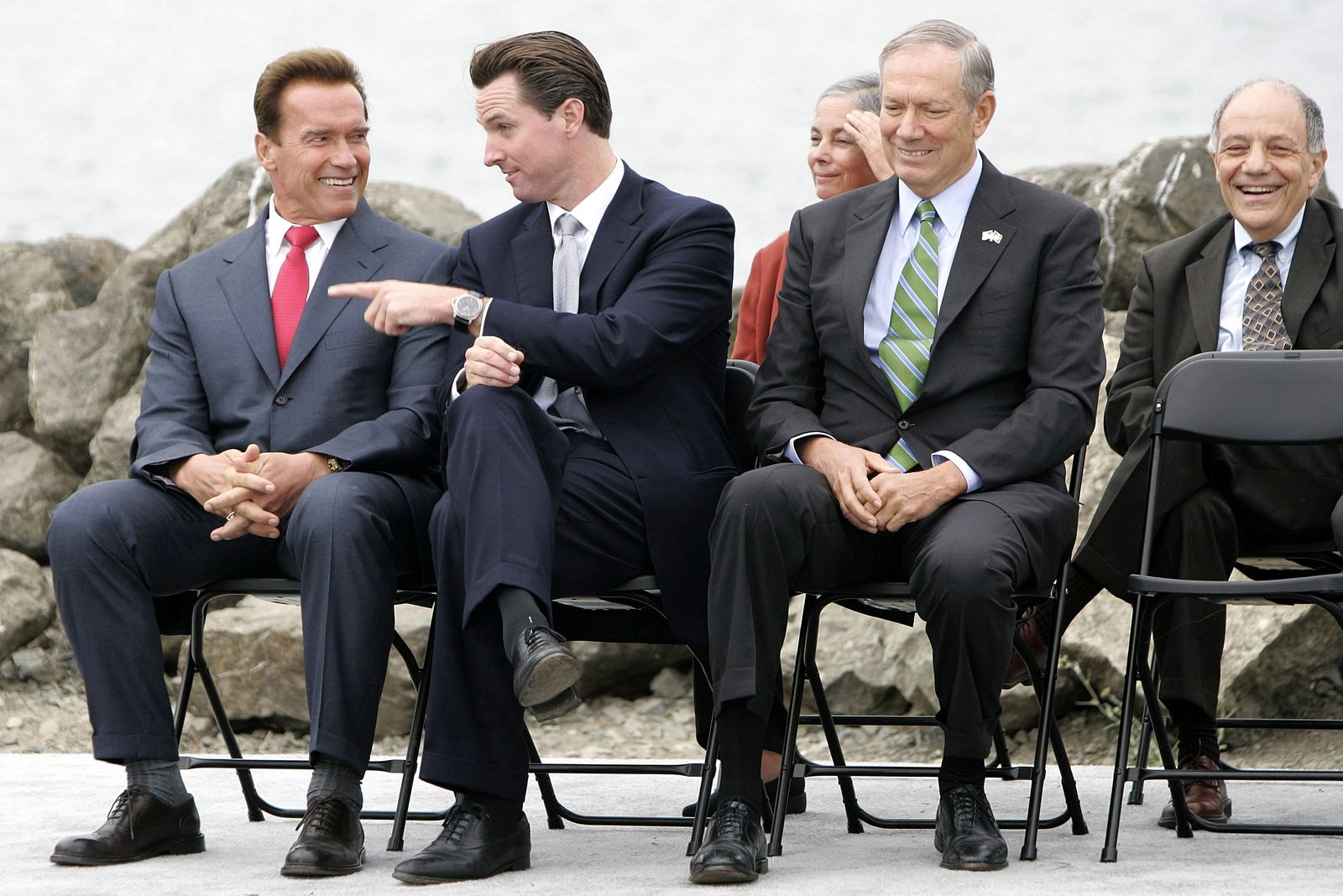 Image may contain Arnold Schwarzenegger George Pataki Gavin Newsom Sandra Mihanovich Clothing Footwear and Shoe