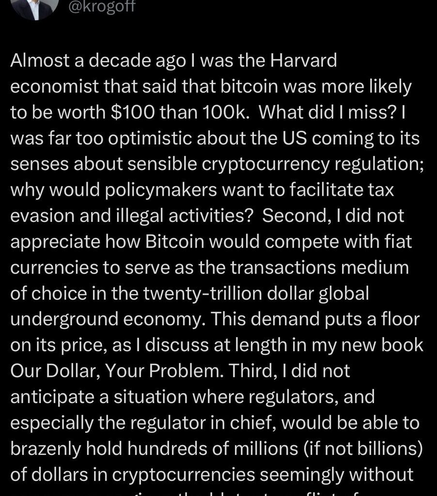 Harvard’s Rogoff Concedes 2018 Bitcoin Call Miss as Price Tops $113,000