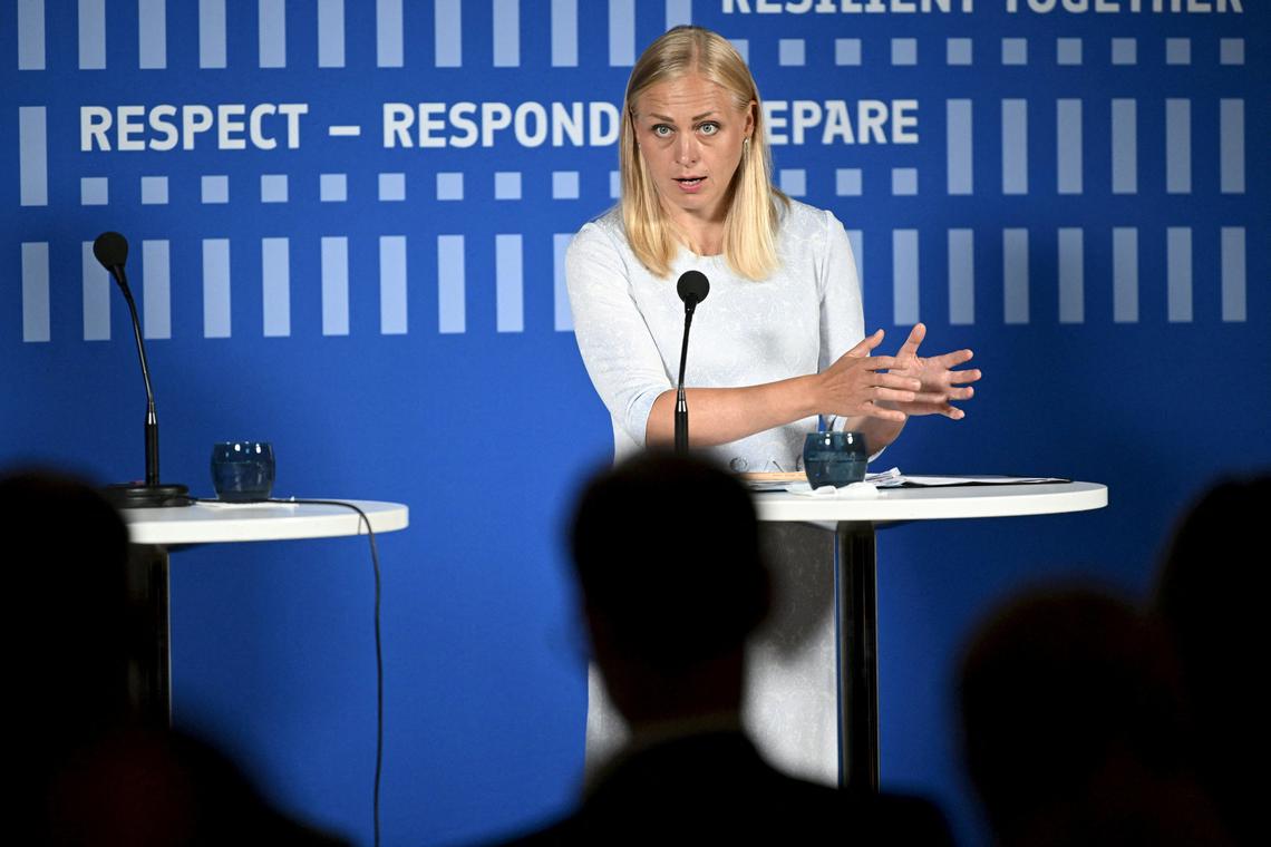 FILE PHOTO: Minister for Foreign Affairs of Finland Elina Valtonen attends a press conference during the Helsinki+50 OSCE conference in Helsinki, Finland, July 31, 2025. The conference marks the 50th anniversary of the Helsinki Final Act. Lehtikuva/Mikko Stig/via REUTERS/File Photo