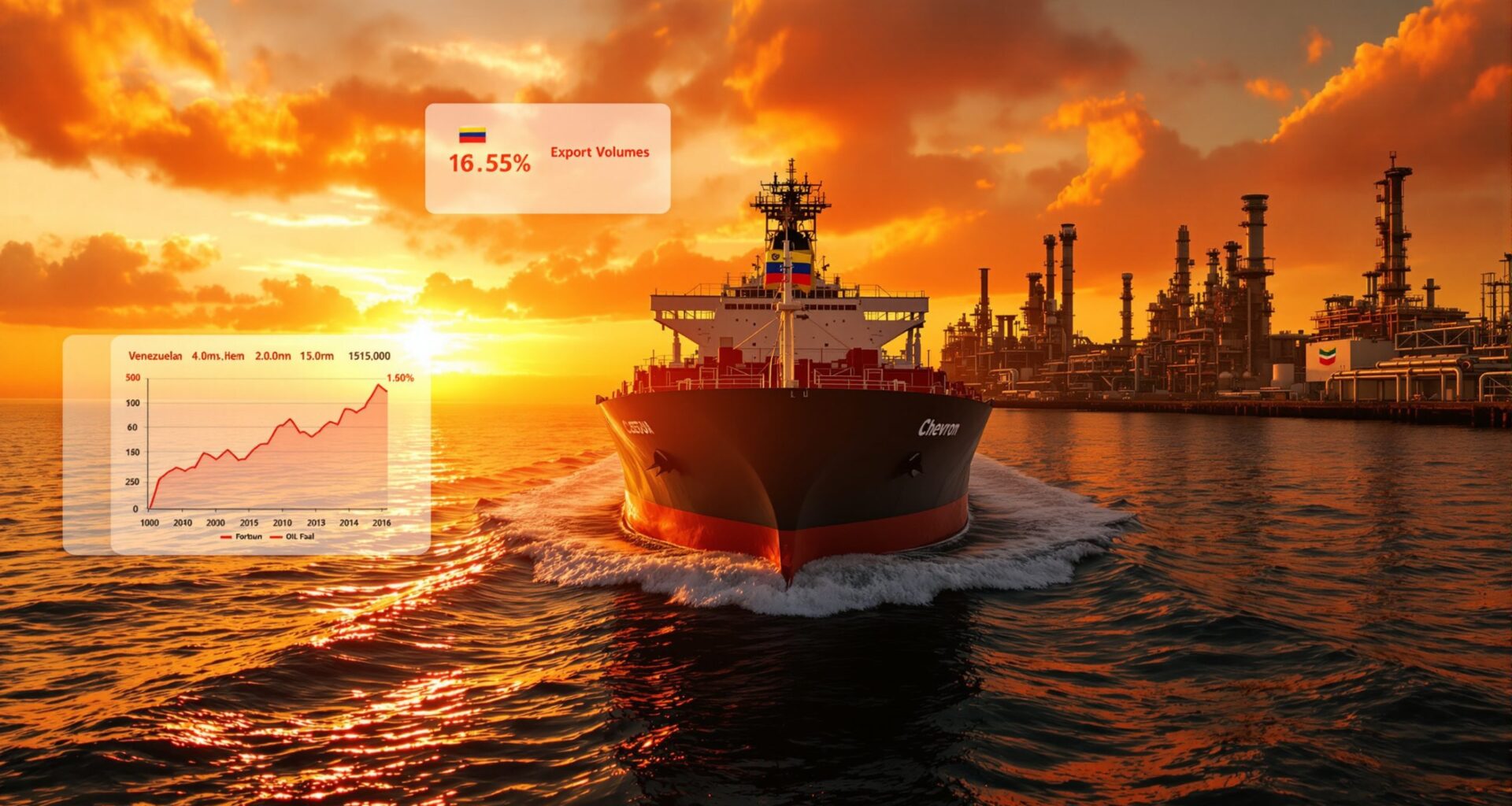 Tanker delivering Venezuelan crude oil at sunset.