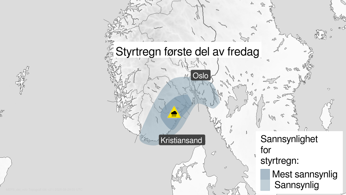 Varsler styrtregn på deler av Sørlandet og Østlandet fredag