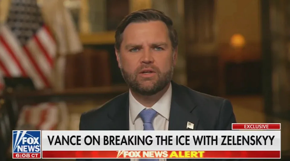 A person is speaking on Fox News with the headline "Vance on Breaking the Ice with Zelenskyy" visible on the screen