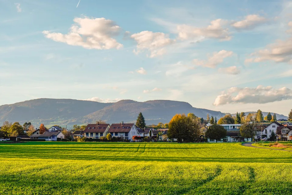 A sunlit field in Roggwil, Switzerland, in front of homes and hills