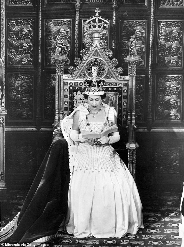 The late Queen Elizabeth II delivering her speech in the House of Lords at the State Opening of Parliament in 1966