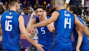 epa11499062 Alessandro Michieletto (C) of Italy gestures during the Men Preliminary Round Pool B match Italy vs Brazil of the Volleyball competitions in the Paris 2024 Olympic Games, at the South Paris Arena in Paris, France, 27 July 2024. ...