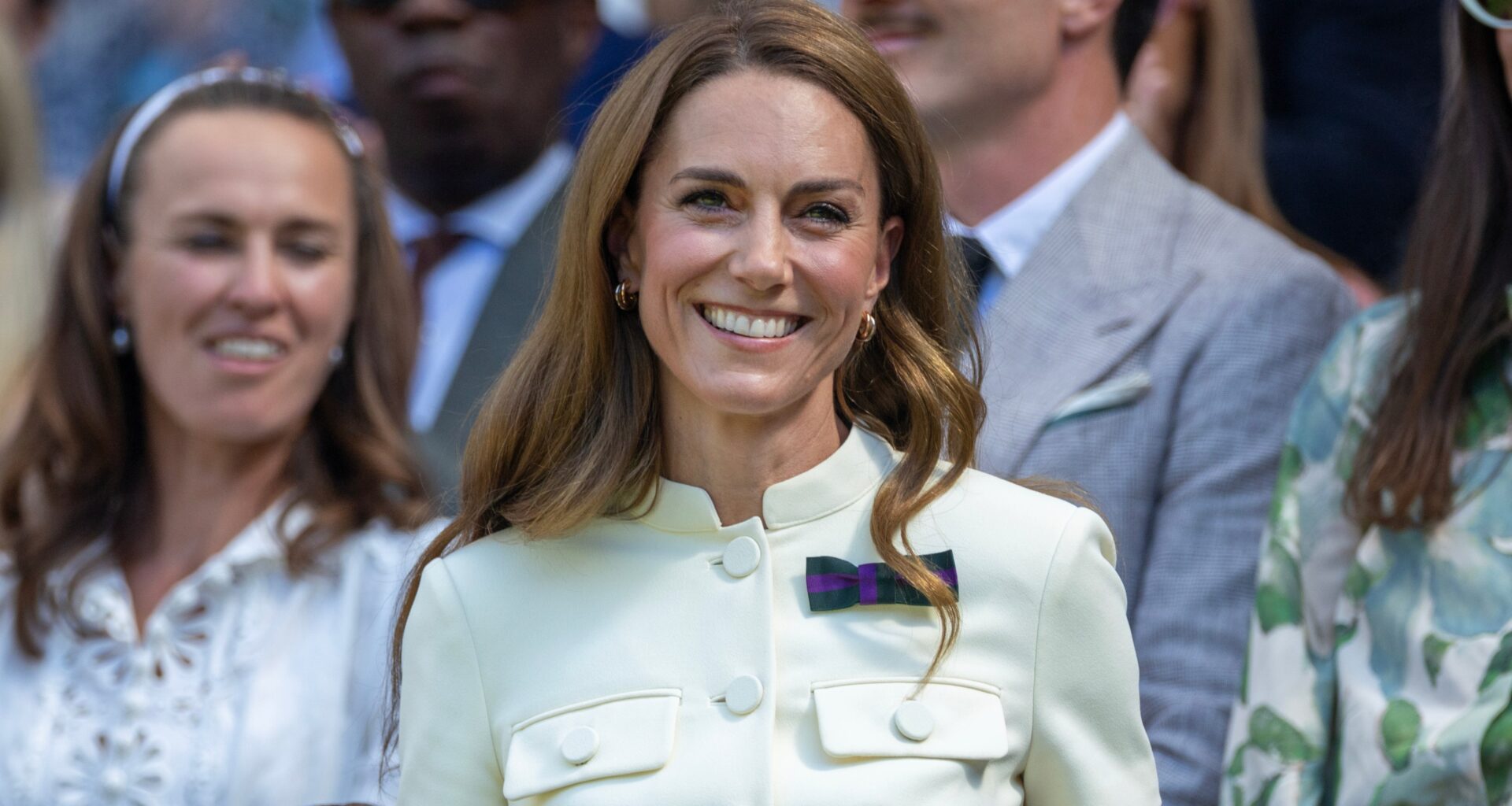 Catherine, Princess of Wales smiles as she arrives in the Royal Box for the Ladies' Singles Final at Wimbledon on July 12th, 2025