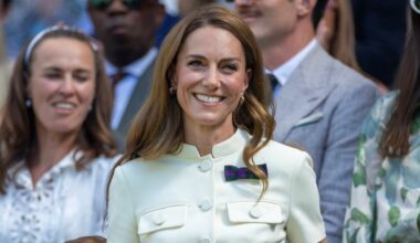 Catherine, Princess of Wales smiles as she arrives in the Royal Box for the Ladies' Singles Final at Wimbledon on July 12th, 2025