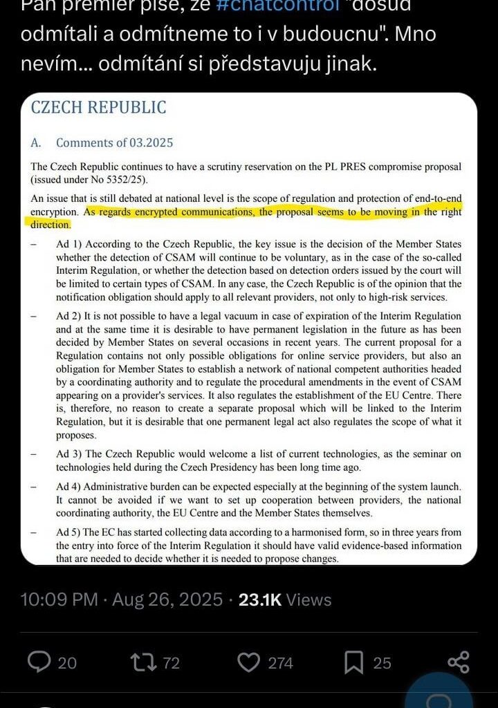 SPOLU nyní: "sledování soukromé korespondence občanů nepřipustíme". Mezitím pozice ČR před pár měsíci:
