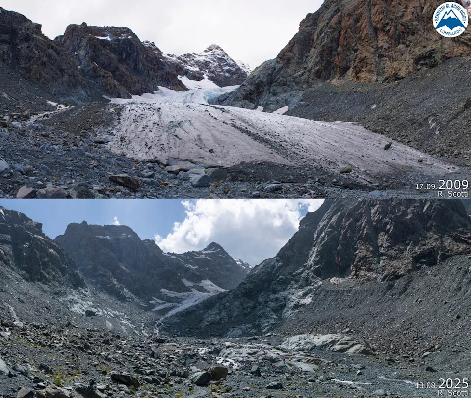 A combo image of an overview of the Ventina glacier, near Sondrio, northern Italy, in 2009, above, and same view on 13 August, 2025. (Lombardy Glaciology Service via AP)