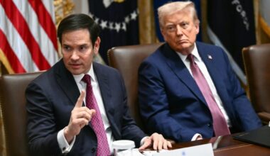 US President Donald Trump looks on as US Secretary of State Marco Rubio speaks during a cabinet meeting on August 26, 2025