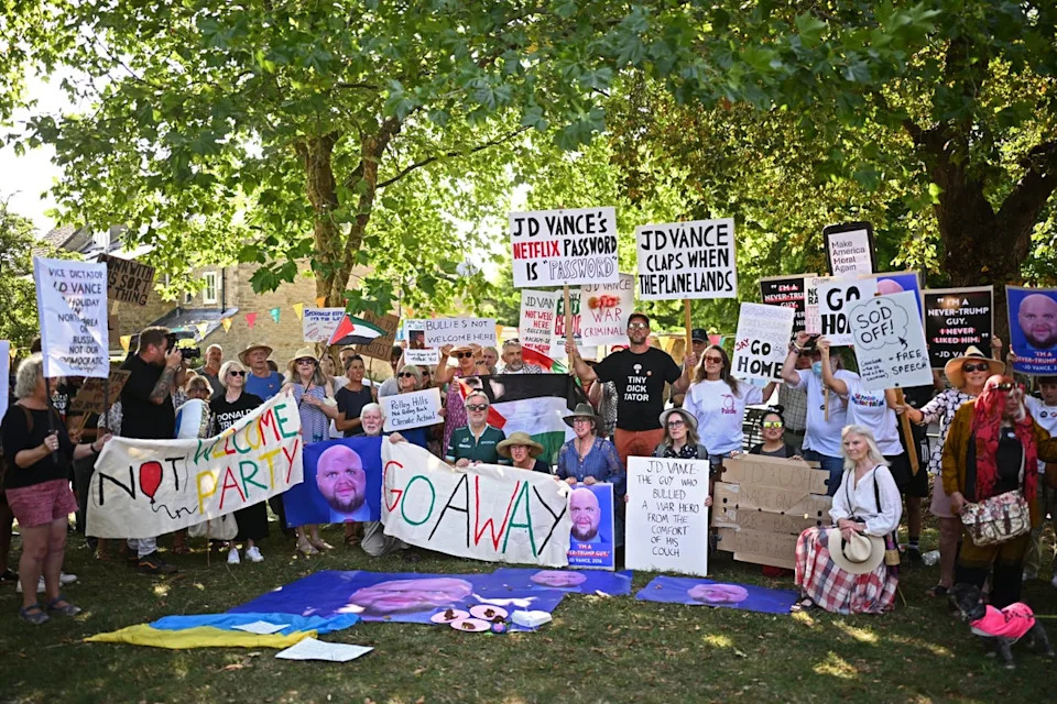 Despite the sniffer dogs and police presence, protesters still gathered in the village for a “not welcome” party (Getty)