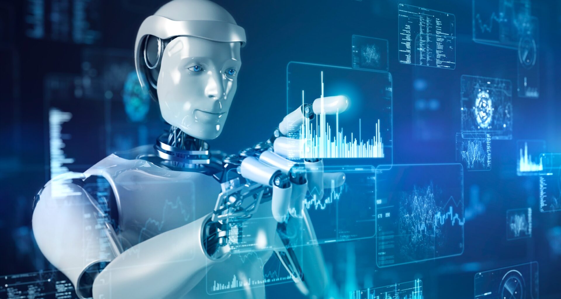 Lifelike robot touching a futuristic screen with stock symbols