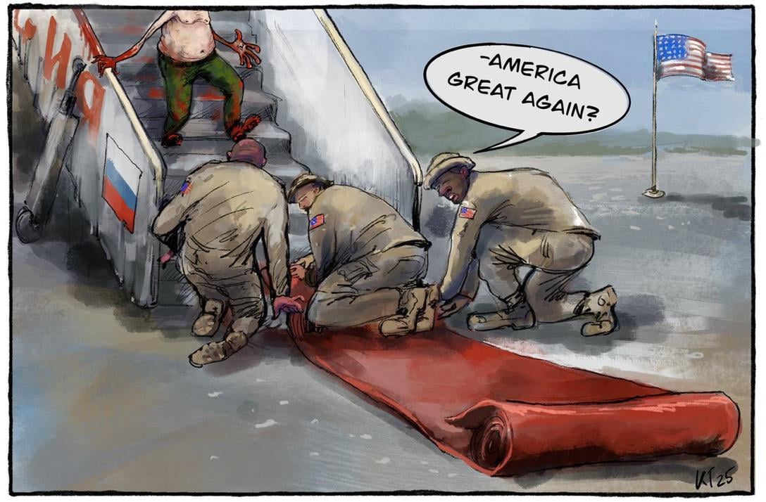 Pedo Shitler Assolini Trump made U.S. soldiers get on their hands and knees to roll out the red carpet for a genocidal dictator with millions of deaths on his record. This isn’t leadership, it’s surrender. America has fallen.