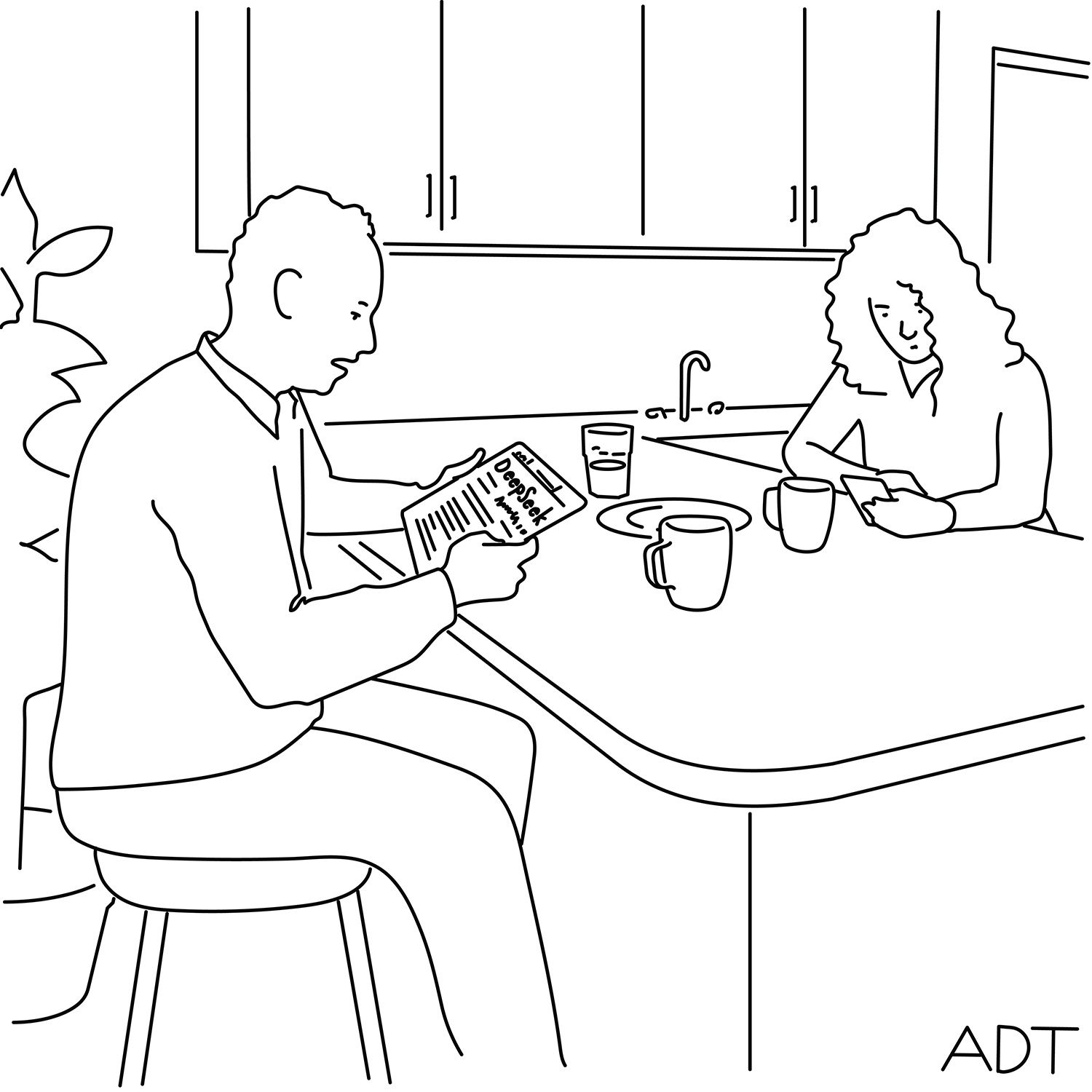 A man and a woman sit at a kitchen counter reading on their devices. The man is looking at a post about DeepSeek.
