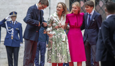 Le prince Nicolas, la princesse Claire de Belgique, la princesse Louise et le prince Aymeric lors du mariage de la princesse Maria-Laura de Belgique, le 10 septembre 2022, à Bruxelles.