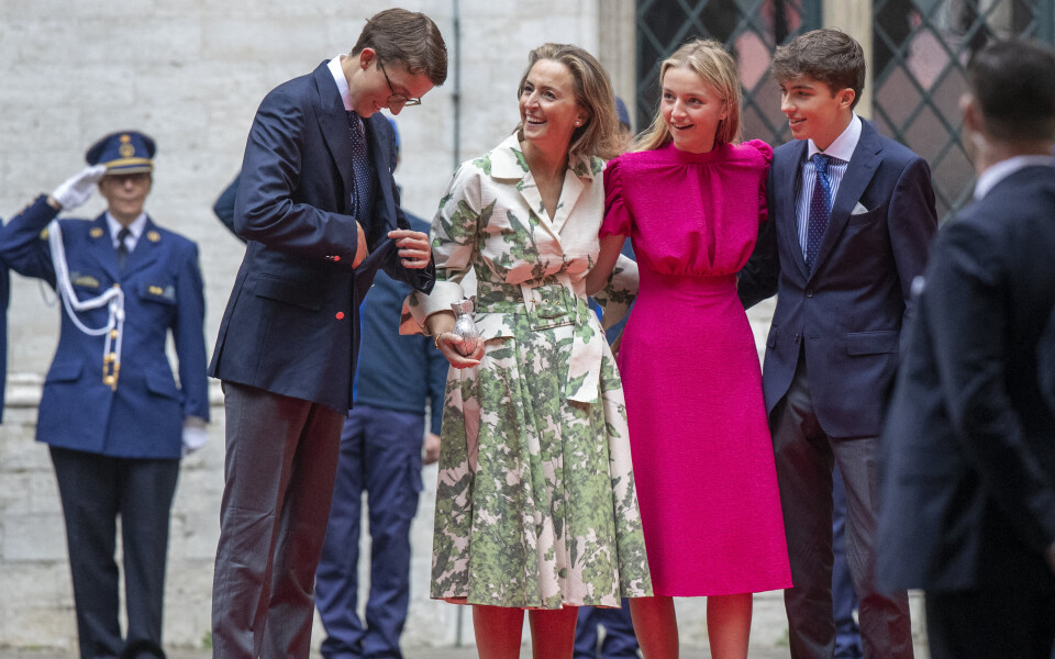 Le prince Nicolas, la princesse Claire de Belgique, la princesse Louise et le prince Aymeric lors du mariage de la princesse Maria-Laura de Belgique, le 10 septembre 2022, à Bruxelles.