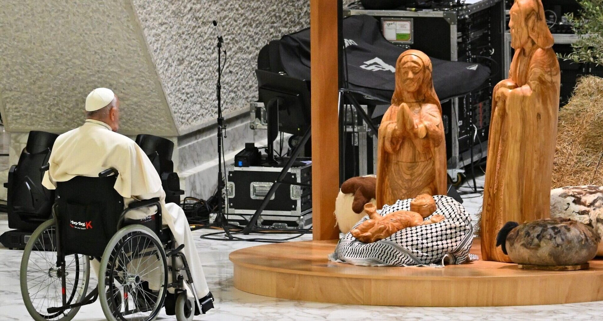 Pope Francis inaugurates nativity scene in Vatican showing baby Jesus on keffiyeh