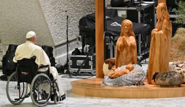 Pope Francis inaugurates nativity scene in Vatican showing baby Jesus on keffiyeh