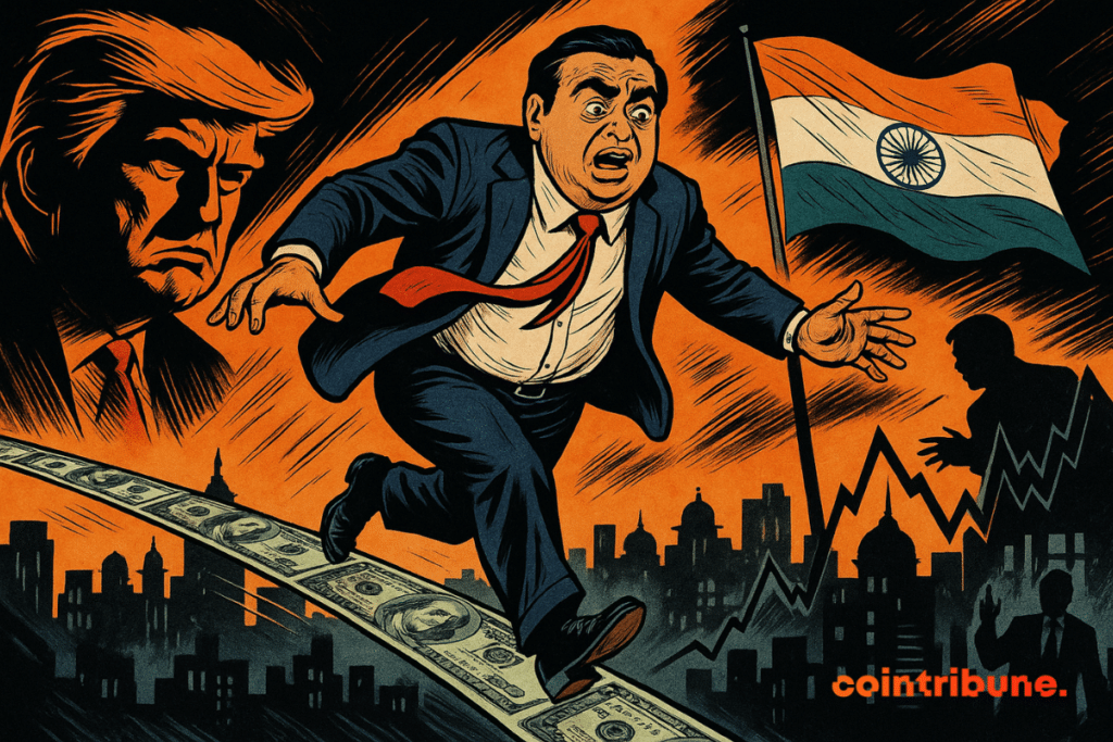 Ambani balances on a dollar tightrope, with urban India below, Trump threatening, extreme tension, bright orange, dramatic contrast, comic book style.