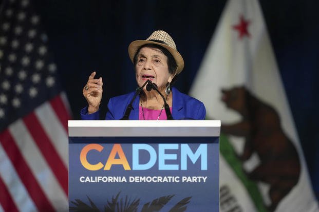 Dolores Huerta, 95, the labor leader, civil rights activist and co-founder of the National Farm Workers Association, speaks at the California Democratic Party's 2025 State Convention at the Anaheim Convention Center in Anaheim, Calif.