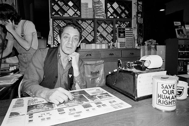 Harvey Milk, a gay political leader in San Francisco, is seen pictured in his camera store on Castro Street.