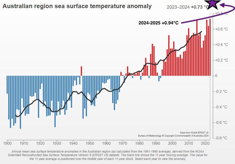 To show how off the charts Australian ocean heat was in last 12 months compared to previous record I made a graph