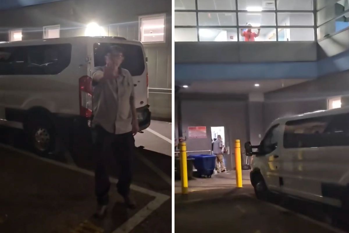 Two photos show a person standing near a white van in a parking lot at night, with another person visible inside a building above.