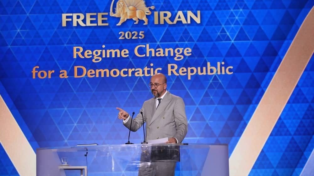 Former European Council President Charles Michel speaks at the third session of the 2025 Free Iran World Summit in Rome, July 31, 2025