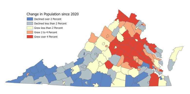 How Virginia's population has changed from 2020 to 2024. Courtesy of Weldon Cooper Center for Public Service, University of Virginia.