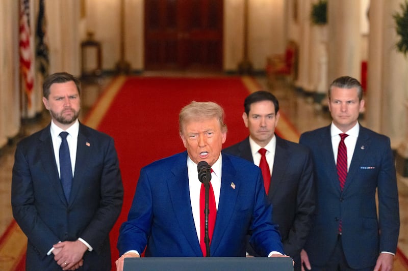 President Donald Trump delivers an address to the nation accompanied by U.S. Vice President JD Vance, U.S. Secretary of State Marco Rubio and U.S. Defense Secretary Pete Hegseth